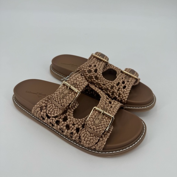 Universal Thread Women's Tan Kylie Woven Two Band Footbed Sandals Size 8 - Picture 2 of 8